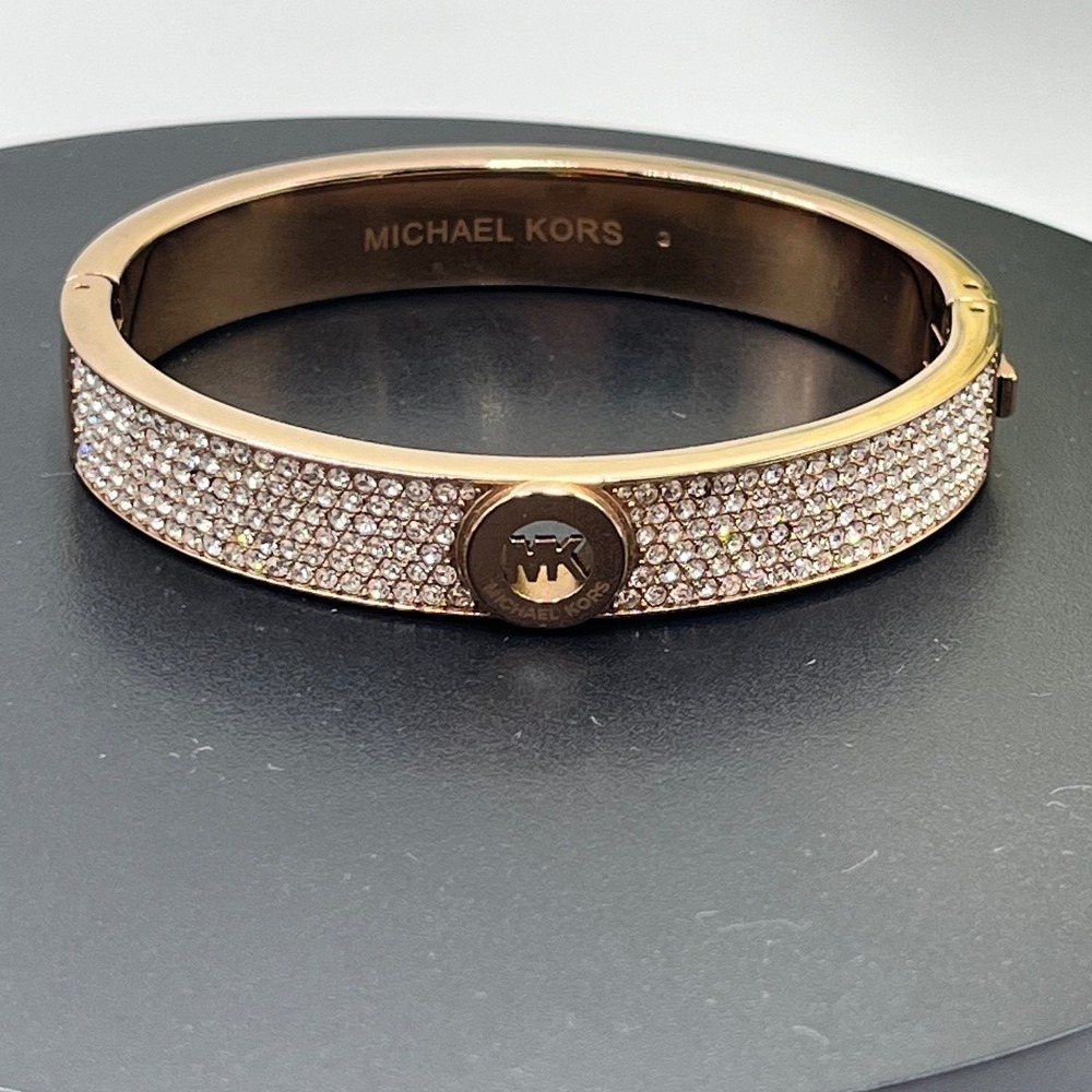 Michael Kors Rose Gold Tone Brilliance Pave Hinged Logo Bangle Bracelet